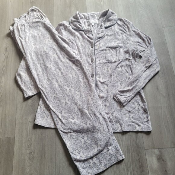 Ellen Tracy Womens Pajama Set L Button-Up Top & Pants Soft Gray/White - Picture 1 of 5